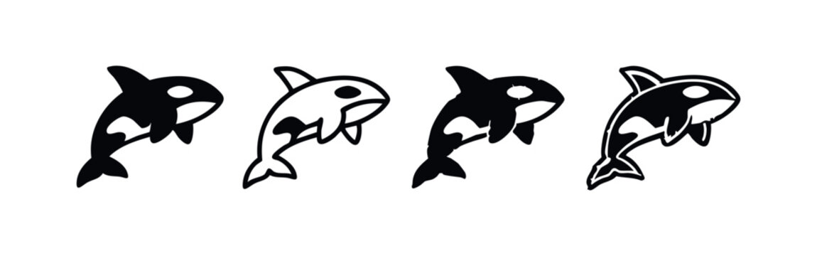 Orca Killer Whale Icon Set. Stylized Black and White Marine Mammal Silhouettes and Outlines.