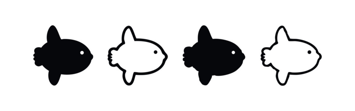 Stylized ocean sunfish (Mola mola) icon set in black and white silhouette