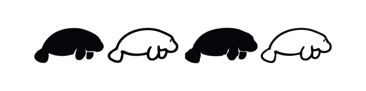 Stylized swimming manatee icon set in black and white silhouette
