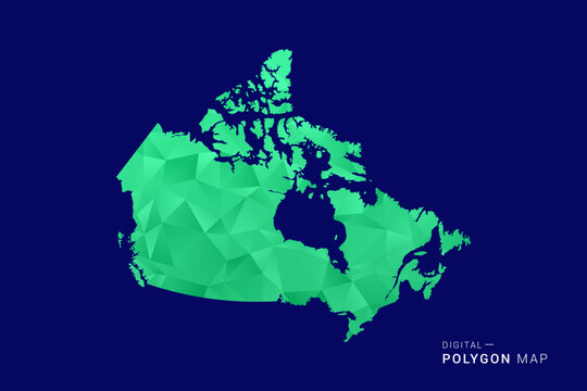 Canada Map - low poly polygon vector, geometric triangulated silhouette in green and blue tones, clean modern style, isolated background for infographic use.