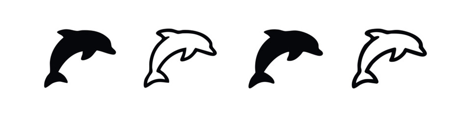 Stylized dolphin icon set. Black silhouette and outline of a jumping marine mammal on a white background. Vector illustration. © liubomir118809