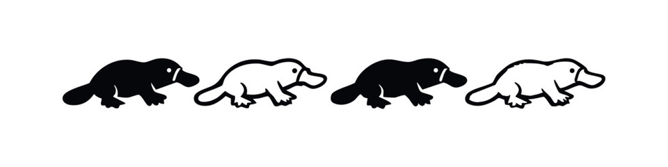 Fototapeta premium Stylized Platypus Icon Set with Solid and Outline Silhouettes, Monotreme Vector Art