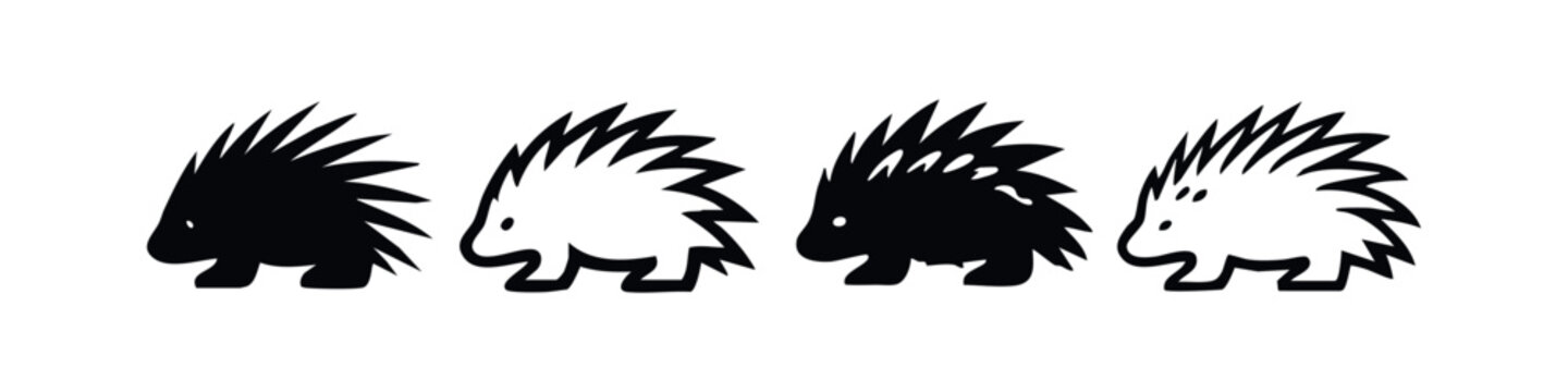 Collection of stylized porcupine icons. Black silhouette and outline illustrations on a white background. Vector set.