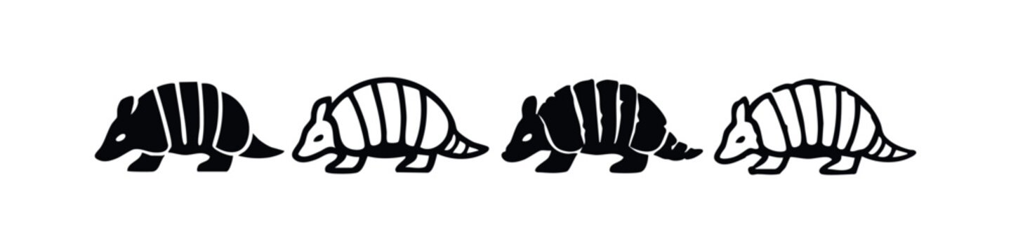 Collection of stylized armadillo icons. Black silhouette and outline illustrations on a white background. Vector set.