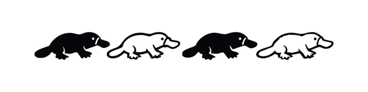 Stylized Platypus Icon Set with Solid and Outline Silhouettes, Monotreme Vector Art