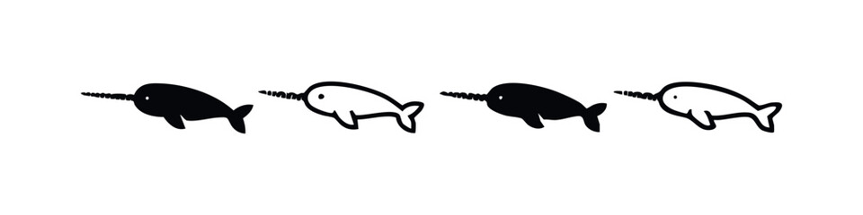 Narwhal Whale Icon Set with Solid Black and Outline Styles, Ocean Marine Life Vector Illustration © liubomir118809