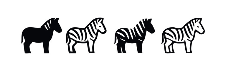 Fototapeta premium Stylized Zebra Icons Collection, Set of Black and White Zebra Illustrations, Abstract Zebra Graphics on White Background