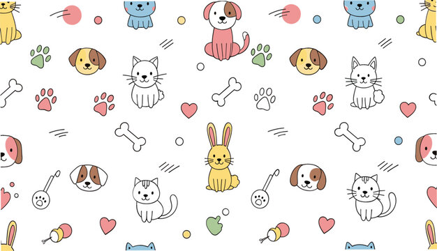 Cute pet animals seamless pattern vector with cats, dogs, bunny, paw prints, bones, and hearts playful cartoon background