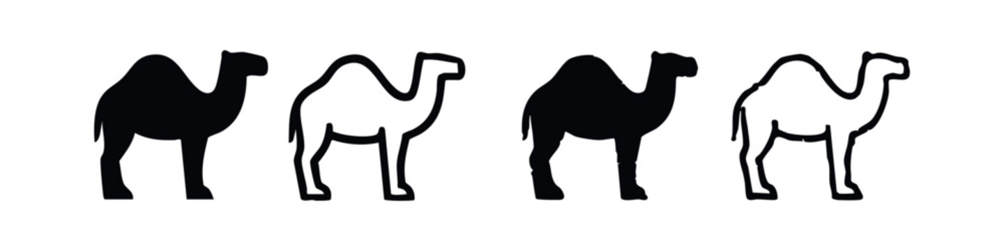 Dromedary Camel Icon Set with Solid Black and Outline Styles, Desert Animal Vector Illustration