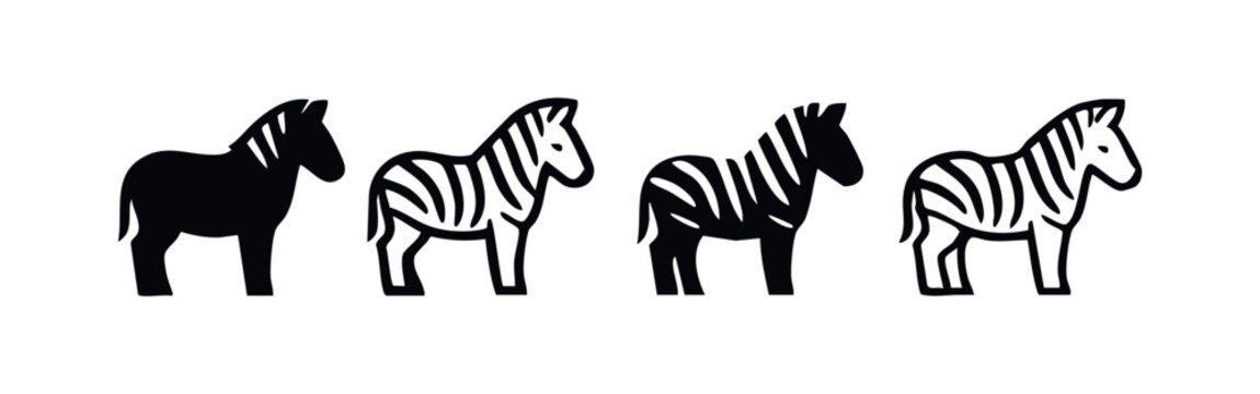 Stylized Zebra Icons Collection, Set of Black and White Zebra Illustrations, Abstract Zebra Graphics on White Background