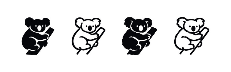 Set of four koala icons clinging to a tree branch in varied black and outline styles. © liubomir118809