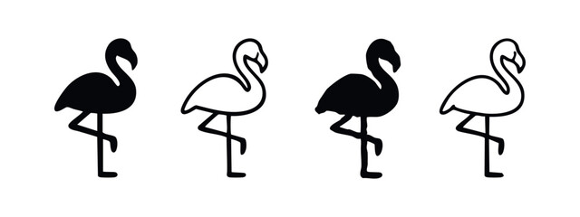 Detailed Stylized Flamingo Bird Silhouette and Outline Icon Set © liubomir118809