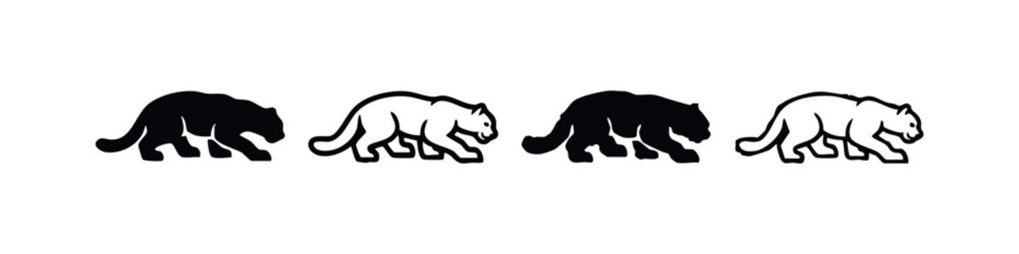 Stylized Big Cat Icons Set, Black and White Panther Vector Graphics, Abstract Wildcat Illustrations on White Background