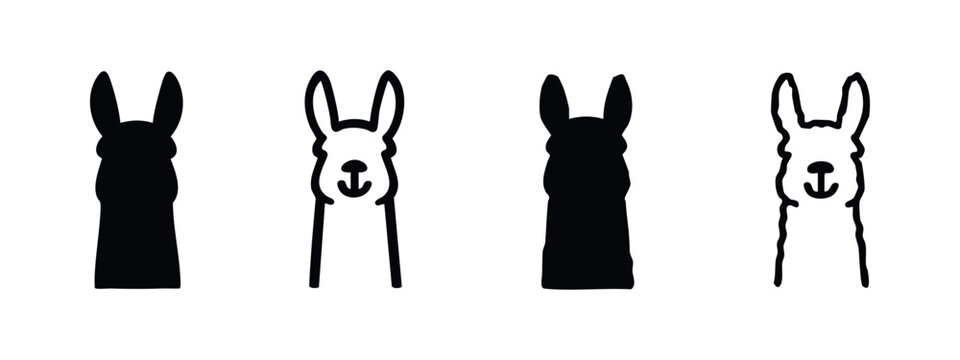 Cute Minimalist Llama Front Face Silhouette and Outline Icon Set