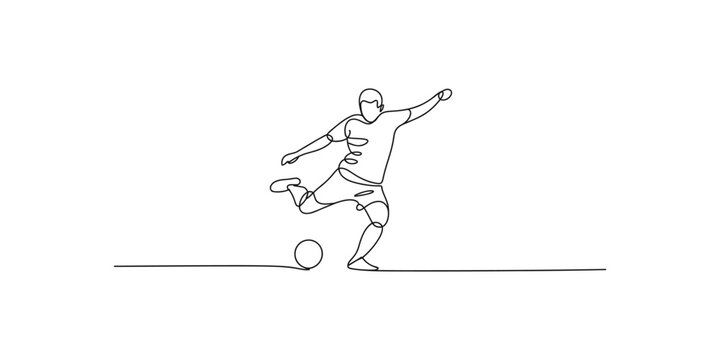 Continuous line drawing of soccer player kicking ball with one foot football art illustration sports
