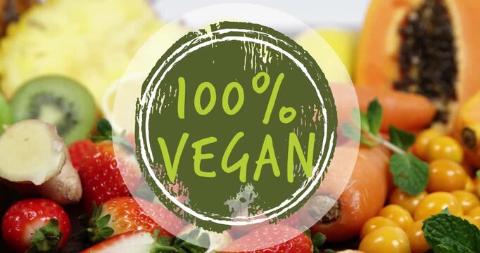 The graphic shows a variety of fresh vegetables and fruits on a wooden table