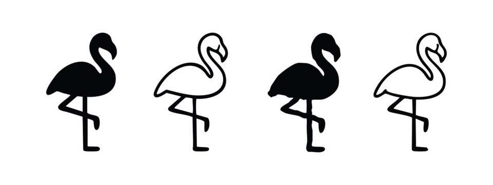 Detailed Stylized Flamingo Bird Silhouette and Outline Icon Set