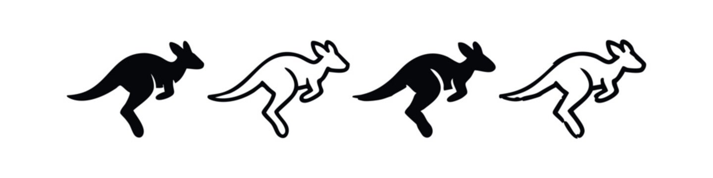 Four jumping kangaroo vector icons in black and outline styles, Australian wildlife illustration.
