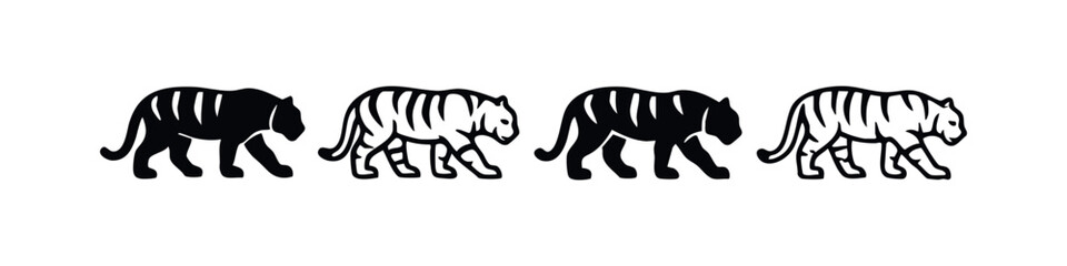 Obraz premium Stylized Walking Tiger Icon Set - Black Silhouettes and Striped Outline Designs