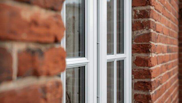 Close-up of textured brick house with white fiberglass windows