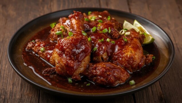 Closeup of Chicken Adobo on a plate, viewed vertically from above