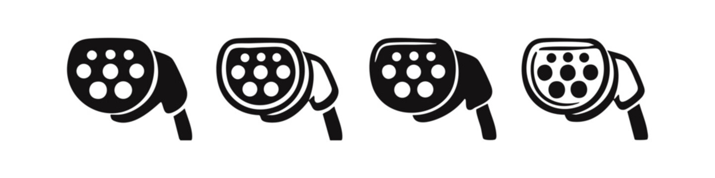 Hand-drawn Electric Vehicle Charging Plug with Cable Icon Set. EV Connector and Sustainable Power.