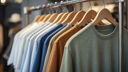 Obraz premium Closeup shot of t-shirts on hangers displayed on clothes rack at shop