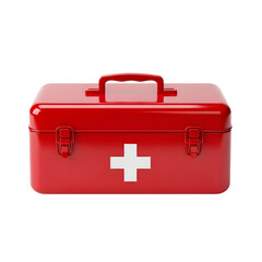 Obraz premium A red first aid kit travel case featuring a metal handle and lock is isolated as a 3D medical equipment storage box for business or luggage