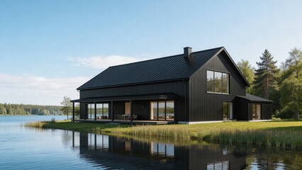 Modern black house with a stunning lakeside view, surrounded by serene nature