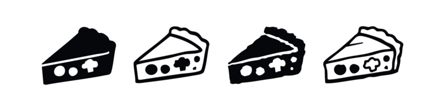 Pie slice icon set with various filling patterns in black and white, for culinary themes.