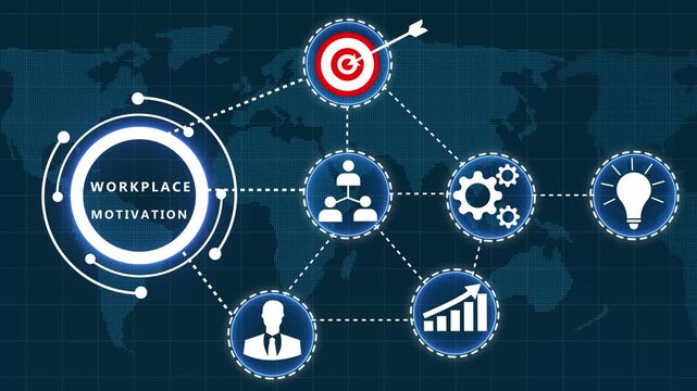 Global Workplace Motivation Concept with Connected Representing Goals Teamwork and Ideas on a Dotted Map Background Keywords: workplace motivation, global business, teamwork, goals, success
