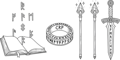 Fantasy magic items set, viking runes book, ancient engraved ring, wizard staff with crystal, mystical sword, medieval rpg vector illustration, line art. © "Hello"