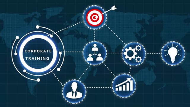 Corporate Training Concept with Connected for Learning Development and Goals on a Dotted Map Background Keywords: corporate training, global learning, development, skills, education, goals