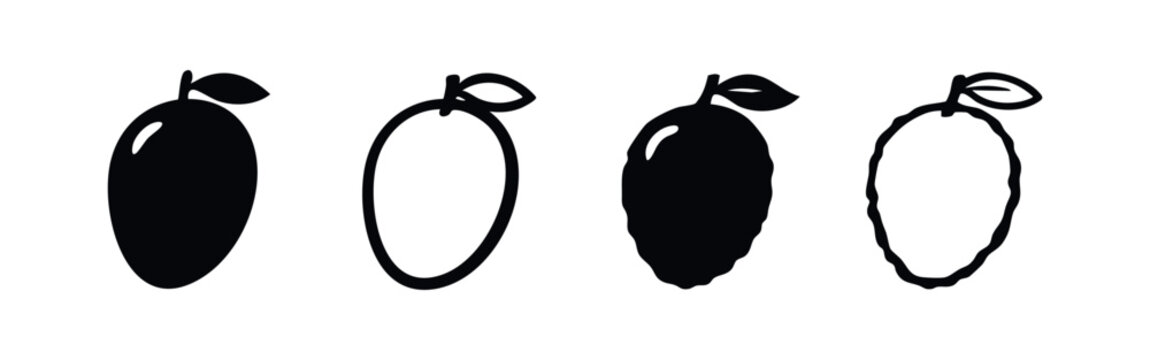 Stylized mango or plum fruit black silhouette and outline icon set. Food and nature symbols.