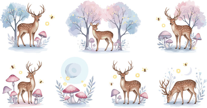 Watercolor woodland deer collection featuring graceful bucks and fawns among magical pastel trees pink mushrooms fireflies and forest flora for whimsical digital design