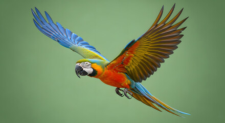 Fototapeta premium Soaring Macaw in Flight: A vibrant macaw with colorful plumage takes flight against a soft, muted backdrop, showcasing its graceful wingspan and captivating beauty.