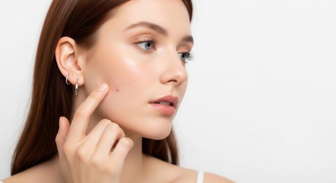 Woman points to acne pimple on her face