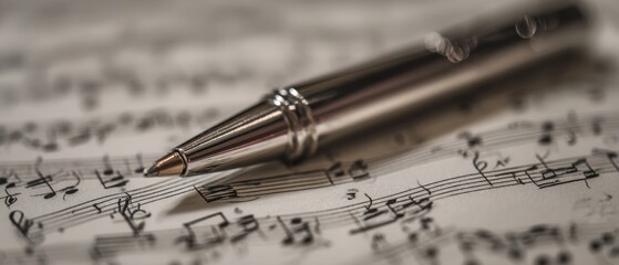 Fototapeta premium The Pen Resting on Sheet Music with Soft Focus and Warm Bokeh