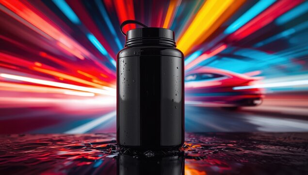 Dark plastic container on vibrant backdrop