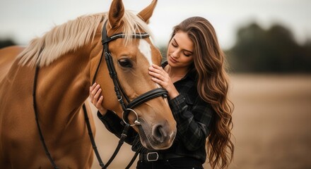 Obraz premium Woman gently touching horse head outdoors