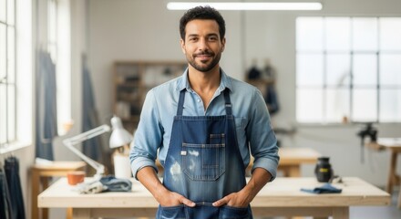Obraz premium Confident craftsman wearing denim apron in workshop