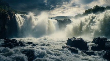 Fototapeta premium A photo of a powerful waterfall crashing into the river.