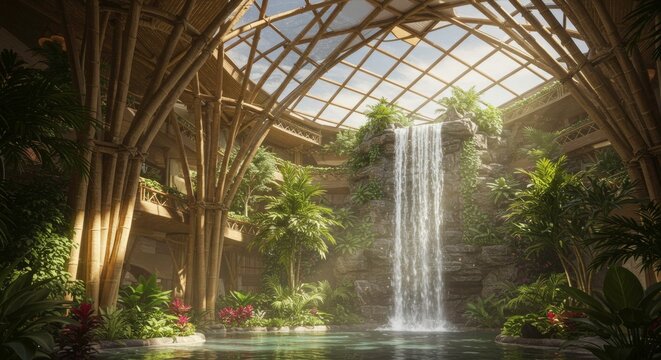 Large indoor garden with waterfall and lush greenery under a glass roof