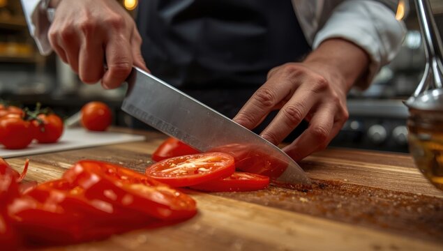 Detailed shot of a chef slicing fresh tomatoes thinly