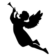 A black silhouette of an angel playing a trumpet in mid-air with outstretched wings © Muhammad Asim
