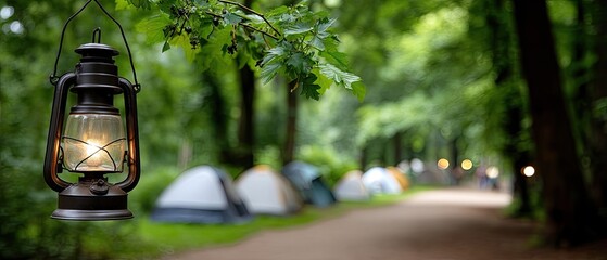 Fototapeta premium Vintage hanging lamp shines in forest camping area with tents and campers enjoying the night atmosphere