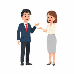 Fototapeta premium Two smiling business professionals in formal attire having a conversation and exchanging documents.
