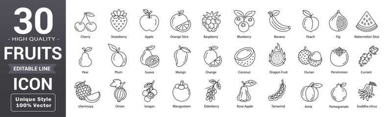 Fruit line icon set. Editable outline with pineapple, apple, mango, cherry, lemon, orange, coconut, watermelon, strawberry, grape, and more collection. Vector illustration.