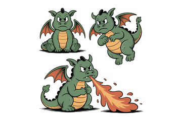 Fototapeta premium Three cartoon green dragons in various poses showcasing expressive faces and vibrant colors on transparent background high-quality professional detailed modern.