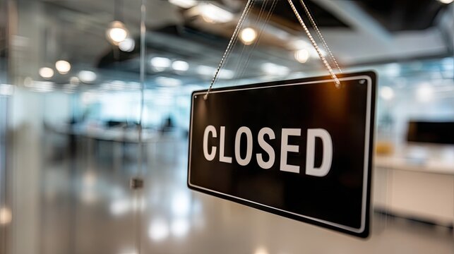 Closed sign hangs on glass door of office during business hours, signaling that the store is not open for customers, blurred office space visible in background